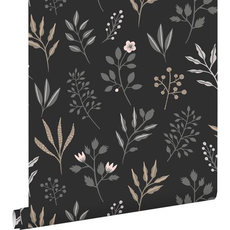 papier peint fleurs au style scandinave noir  - ESTAhome