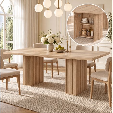 Table à manger extensible 190x90x75 cm en MDF chêne, rangement intégré pour salle à manger – MEUBLIV (1/5)