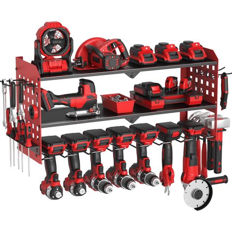 Étagère à outils électriques à 3 couches pour 7 supports de perceuse, support mural robuste pour garage, maison, atelier (rouge) (1/5)