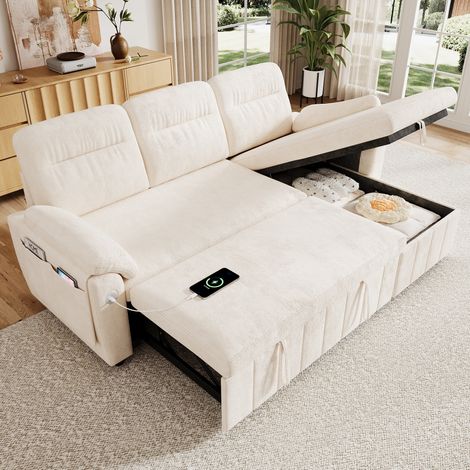 Divano angolare convertibile reversibile 208 x 131 x 88 cm in ciniglia beige OKMYHOME (1/5)