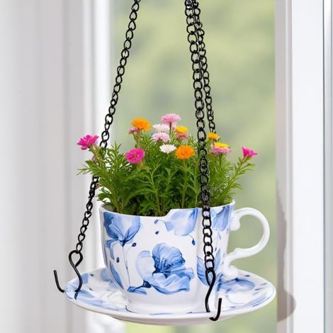 Suspension Plante Intérieur et Extérieur, Pot de Fleur Suspendu en Céramique Forme de Tasse avec Soucoupe, Jardinière Suspendue 16cm avec Chaîne, Décoration de Fleurs Bleues (1/5)