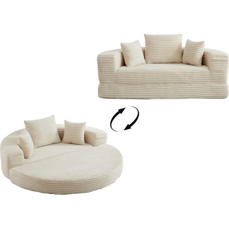 FurnitureR Cord Sofa aus Schaumstoff 2 in 1 Rundes Lounge Sofa Bett mit Seitentasche Weiches Bodensofa für Wohnzimmer Balkon, Beige (1/5)