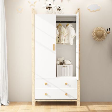 Armadio a 2 ante con 2 cassetti e barra appendiabiti 89,6 x 44 x 180,5 cm bianco e pino DESVIAE (1/5)