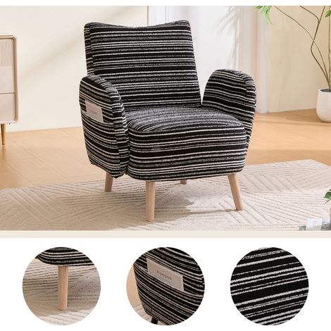 Sillón moderno, tapizado en tela con estampado circular, con bolsillo lateral, patas de madera maciza, cómodo sillón de lectura, ideal para sala de estar, dormitorio u oficina (Bouclé negro).