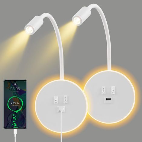 2PCS Applique Murale LED avec Interrupteur, Lampe de Lecture Chevet Réglable, Port USB, 3000K Lumière Chaude pour Chambre Salon (Blanc)