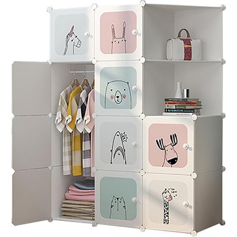Meuble de rangement enfant motif animaux à 8 cubes modulables, tringle à vêtements et portes, rangement jouets et vêtements chambre (1/5)