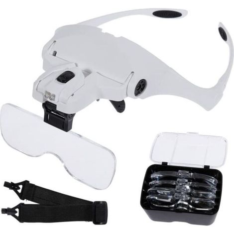 Lunette de Loupe 2 Lumières LED 5 Lentilles Lunettes Grossissantes Ajustable,Interchangeable,1.0X,1.5X,2.0X,2.5X,3.5X