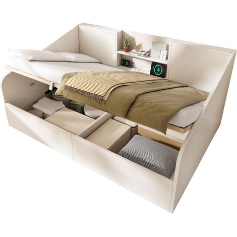 CHICFURN Cama de día 140x190 cm blanca con 2 estantes, gran espacio de almacenaje bajo la base, estación USB/Type-C y somier incluido para dormitorio pequeño (1/5)