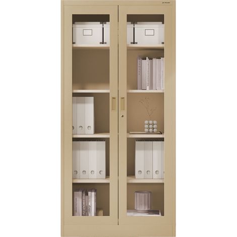 Jan Nowak Aktenschrank Medizinschrank Büroschrank Flügeltürschrank Glasvitrine 4 Fachböden Stahl Abschließbar 185 cm x 90 cm x 40 cm Farbe: Beige