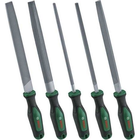 Bosch Set de 5 limes (limes ronde/demi-ronde/plate/triangulaire/carrée acier au carbure dur course moyenne 2 Softgrip)
