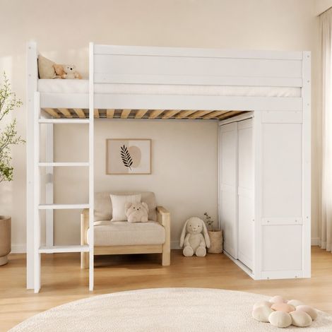 Letto a soppalco 90x200 cm in legno e MDF bianco con armadio, salvaspazio - MEUBLIV (1/5)
