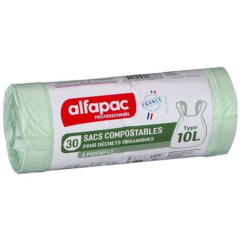 Sac poubelle compostable 10 L – Lot de 30 sacs verts avec poignées – Résistance 2,25 kg – Fabrication française