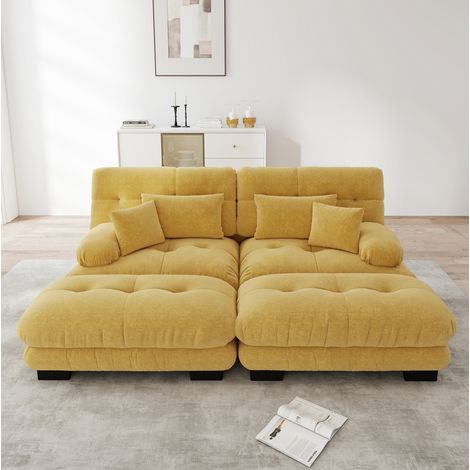 Canapé modulable jaune en chenille avec ottomans mobiles, coussins lombaires et larges accoudoirs (1/5)
