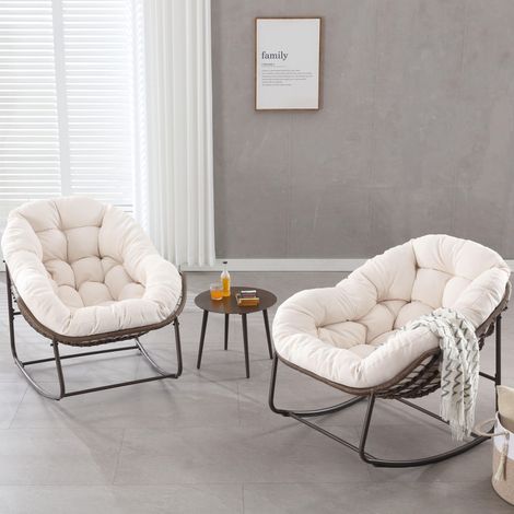 Silla mecedora de jardín tipo huevo, asiento extra ancho, cojín grueso, acero y ratán tejido a mano, blanco (1/5)