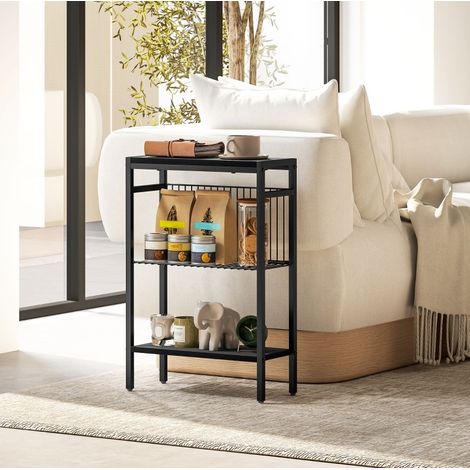 Mesa auxiliar (43x18x62.5 cm), con 3 estantes, patas regulables, estructura de acero y aglomerado negro (1/5)