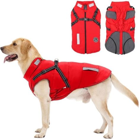 Dog coat with integrated harness, warm dog winter coats made of waterproof fleece, winter dog jacket with reflection for small, medium and large dogs (1/4)