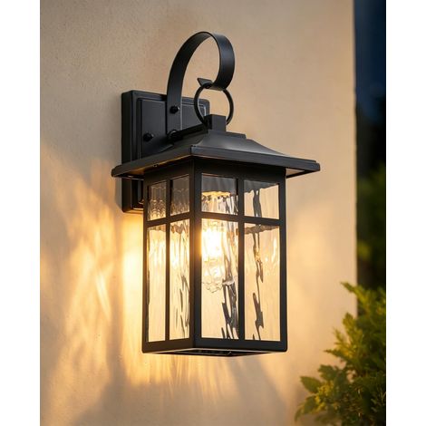 Applique Murale Exterieur, Noir Mat Porche Lampe Exterieur avec Verre Ondulé Par l'Eau, E27 Luminaire Lanterne Exterieur, IP44 Étanche Éclairage Mural d'Extérieur pour Jardin, Terrasse (1/5)