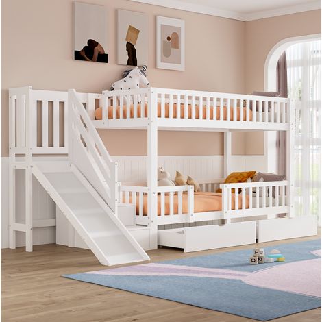 Letto a castello per bambini 90x200 cm bianco in legno massello con scivolo, scale e cassetti (1/5)
