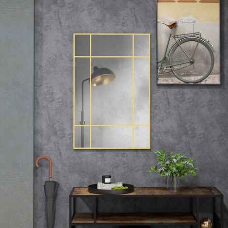 Miroir mural verrière rectangulaire style fenêtre. horizontal ou vertical avec 4 crochets. en métal doré - 90x60 cm