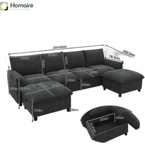 Canapé modulable en velours noir avec rangement 264,5 x 142,5 x 84 cm HOMAIRE (1/5)