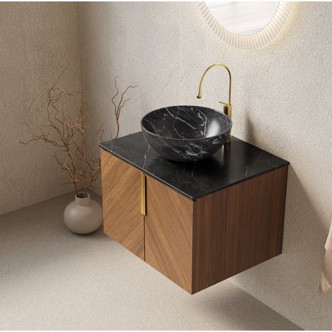 Mueble de baño con lavabo suspendido 61 cm moderno, acabado roble espresso, 2 puertas soft-close, encimera sinterizada y lavabo cerámico negro (1/5)
