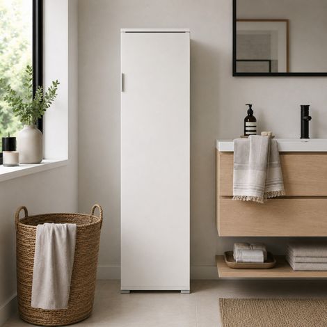 The White Stone Armoire Balai Gain de Place Blanche déjà Montée - Meuble Multi-Usage avec Étagères Réglables et Amovibles - Armoire Buanderie en Bois avec Porte et Pieds (1/5)