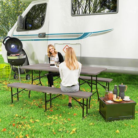 Ensemble pliant table Bois Marron bancs camping imitation extérieur + 180x74x74 cm 182x28x42 cm