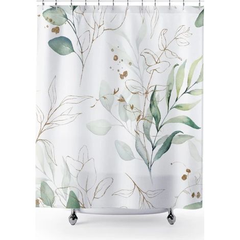 Eucalyptus Leaf Shower Curtain, Botanical Green and Gold Shower Curtain, Small Bathtub Curtain, Anti-Mold, Waterproof, Washable Polyester Fabric, Bath Curtain with 8 Hooks, 120x180cm (1/5)