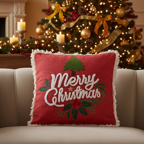 Cuscino rosso con scritta "Merry Christmas" per decorazioni natalizie (1/4)