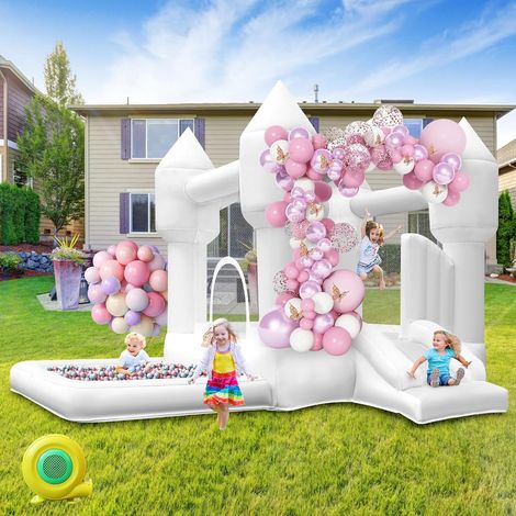 White Outdoor Inflatable Castle with Slide, Trampoline and Ball Pool, Children's Inflatable Castle with Blower for Indoor Garden Park Party Wedding Birthday Gifts, 320 x 280 x 210 cm (1/5)