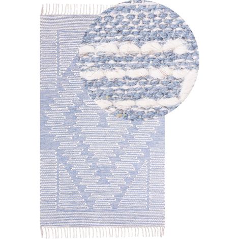 Tappeto in cotone e lana con nappe bianco blu 80 x 150 cm Ansar (1/5)
