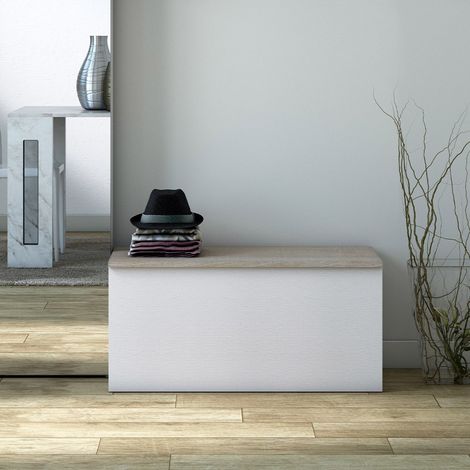 Coffre de rangement blanc à fermeture douce avec plateau en chêne, 90 x 45 x 45 cm - Terraneo (1/5)