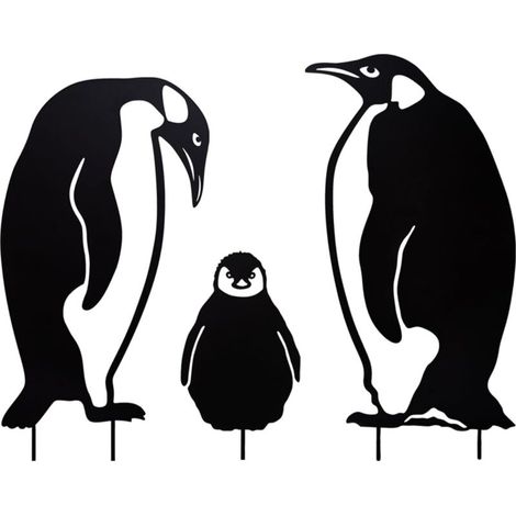 Ensemble de 3, jardin iron Art Penguins famille, jardin décoration créative évidée métal animal herbe Inserts