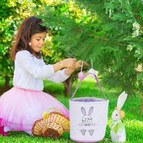 Selbstgemachter Aufbewahrungskorb aus Canvas, dekorativ für Ostern mit Hasenohren und lila Hasenpfotenmuster, Ostergeschenktasche, 1 Stück (1/5)