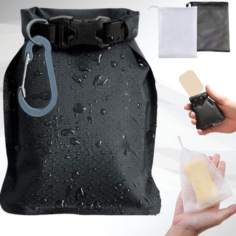 Juego de 3 bolsas de jabón de viaje, impermeables, con malla y para secar, para viajes, camping y actividades al aire libre (negro) (1/5)
