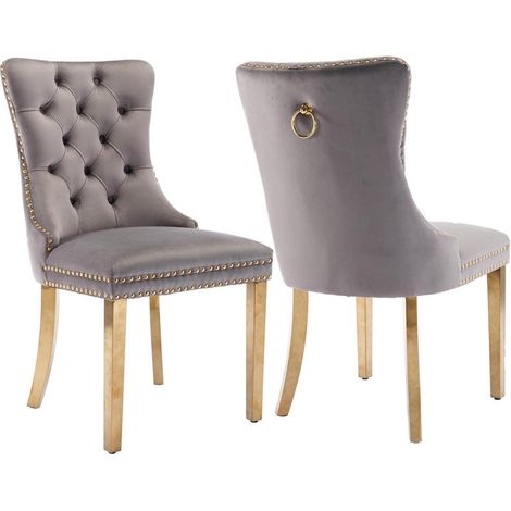 Lot de 2 chaises de salle à manger en velours gris, pieds dorés en acier inoxydable (1/5)