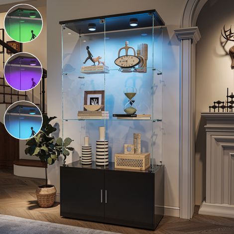 Vitrine Armoire LED - Vitrine en Verre - Rangement - 2 porte 4 compartiments - 164 x 78 x 35 cm - Moderne - Verre trempé - Blanc