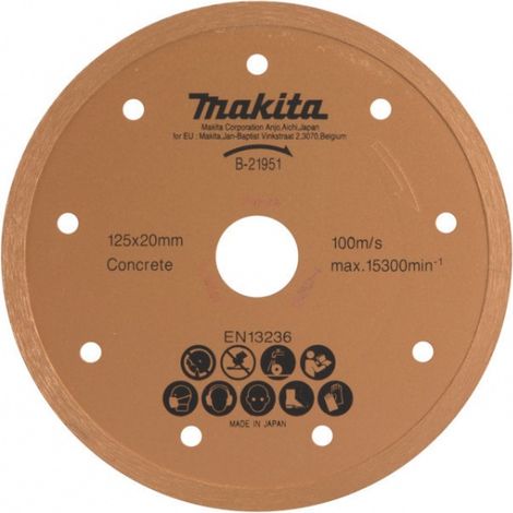 Makita – Disque diamant 125 mm pour meuleuse – Jante continue pour coupes précises béton, brique, céramique – Ø alésage 20 mm – Épaisseur 1,9 mm