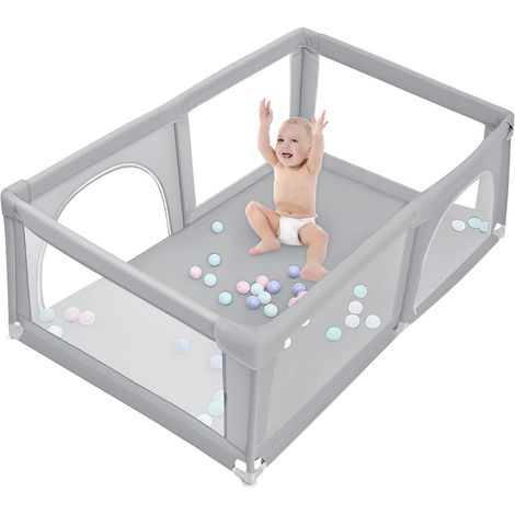 Porta di Sicurezza,Centro Attività Portatile e Sicuro per Bambini,Haloyo®,Box con Cancello,pieghevole,con 50 sfere,parco giochi di sicurezza per bambini,180 x 120 x 66cm,grigio chiaro (1/5)