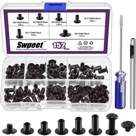 152 pièces m5x5mm, 6mm, 8mm, 10mm, 12mm rivets en cuir à vis noir avec perforateur et tournevis, goujons ronds à tête plate à double tête pour bricolage cuir artisanat et reliure (1/5)