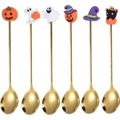 Lot de 6 cuillères en acier inoxydable, style Halloween, pour gâteaux et desserts.-12.80X2.50X0.50CM-Golden (1/2)