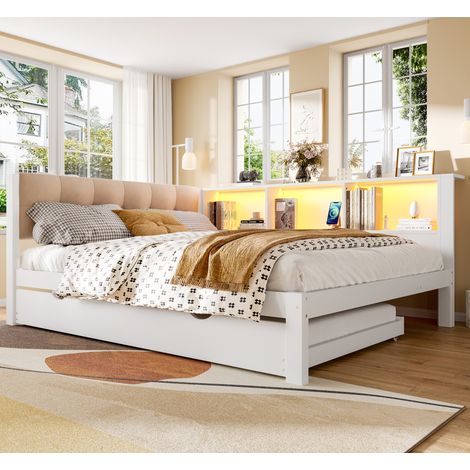 REDOM Lit double 140x200 cm lit gigogne extensible bois blanc Adapté aux enfants(Sans matelas) (1/5)