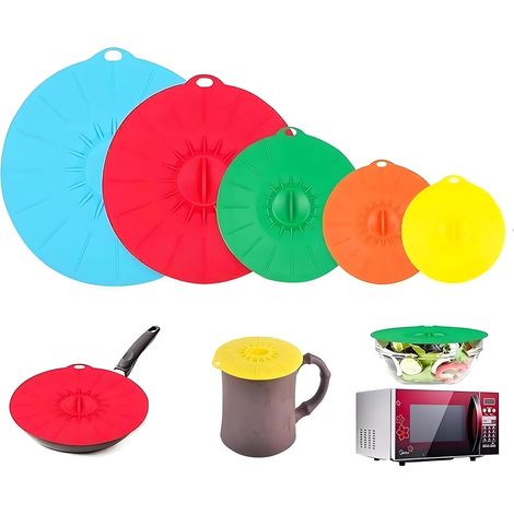Couvercles en silicone pour casseroles, poêles, tasses et micro-ondes, couvercles alimentaires, ensemble combiné, couvercle à ventouse/sous vide, pour la cuisine, ensemble de 5 pièces. (1/5)