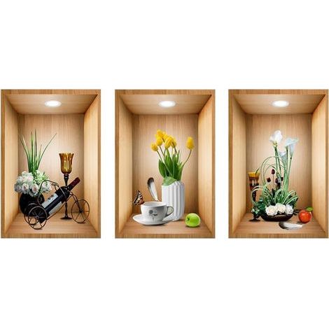 Autocollants décoratifs, Simulation 3D Peinture autocollante de plantes et de fleurs, Plantes en pot et peinture décorative d'escaliers et de couloirs, Autocollants muraux imperméables (1/5)