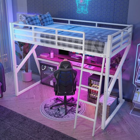 Letto a soppalco 90 x 200 cm, letto per bambini con struttura in ferro, illuminazione a LED, scale e tavolo, metallo, bianco, senza materasso (1/5)