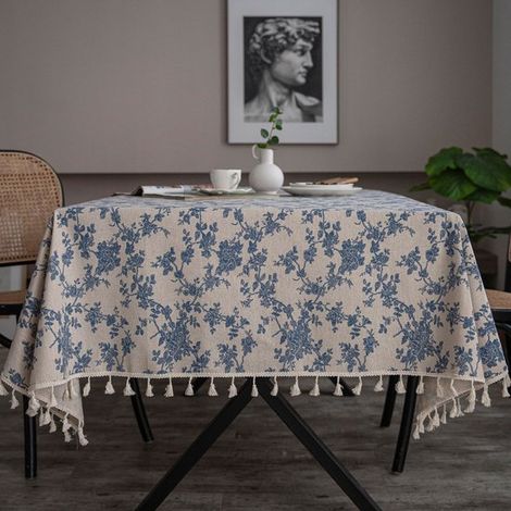 Tovaglia rettangolare in misto cotone e lino con rose blu vintage francesi e nappe cucite. Ideale per cucina, sala da pranzo, tè pomeridiani, ecc. (1/5)