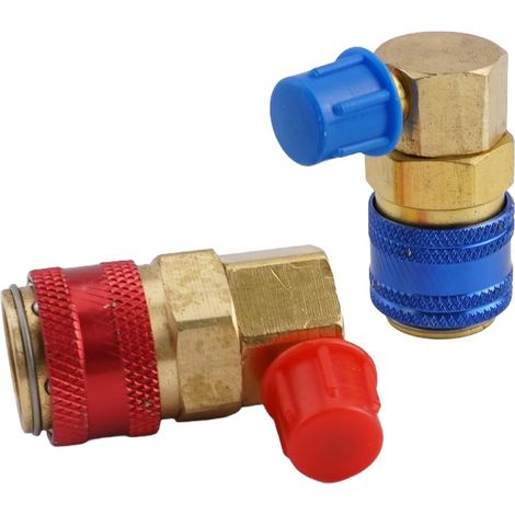 R134a Quick Ports Coupler Set for Blue A/c Manifold Connector – Auto Red Colour-coded 90-degree Alloy Fittings Flexible Male Flare (14mm) Compatible with R-134a Service Gauge