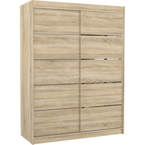 Armoire de chambre à coucher bois clair 2 portes coulissantes bois clair et alu Kubik 150cm (1/5)