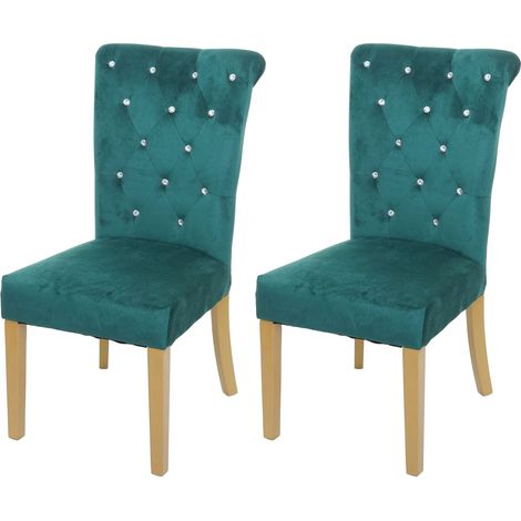 Juego de 2 sillas de comedor de cocina en terciopelo verde con decoración de botones de cristal, patas de madera clara 040000351