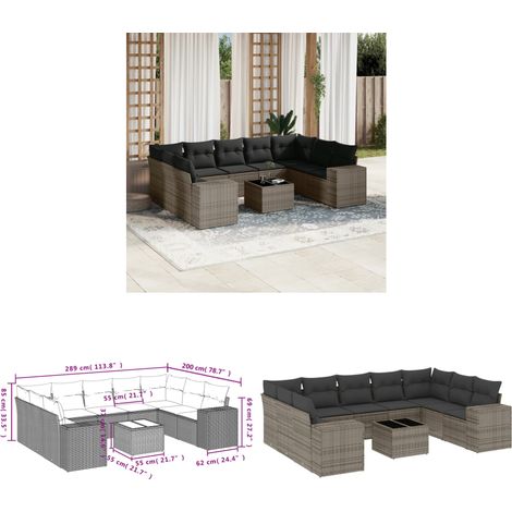 10-tlg. Garten-Sofagarnitur mit Kissen Grau Poly Rattan - Gartenmöbel Set - PE-Rattan Möbel - Outdoor Lounge - Esstisch - Sofasatz - Home & Living (1/3)